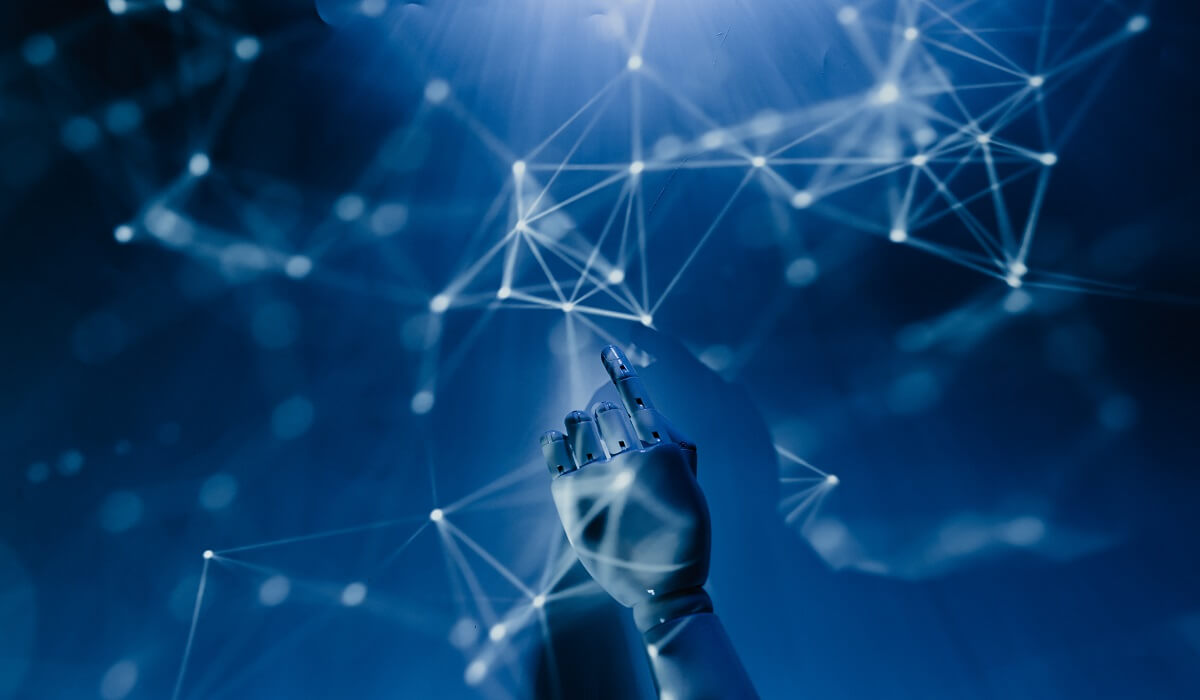 A machine learning model interacting with digital nodes.